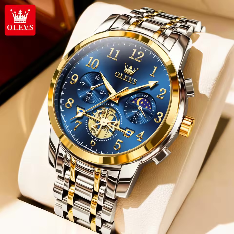 OLEVS 2900 Mens Watch Original Stainless Steel Watches For Men Calendar Moon Phase Quartz Watch